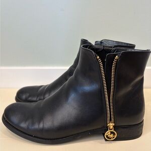 Michael Kors Black Leather Ankle Boots with Gold Zipper